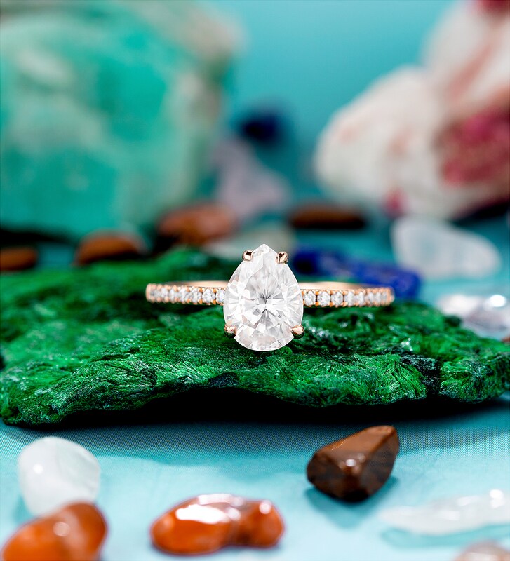 Pear shaped moissanite engagement ring, Half eternity rose gold ring, Prong set diamond bridal wedding ring, Valentine's day gift for her